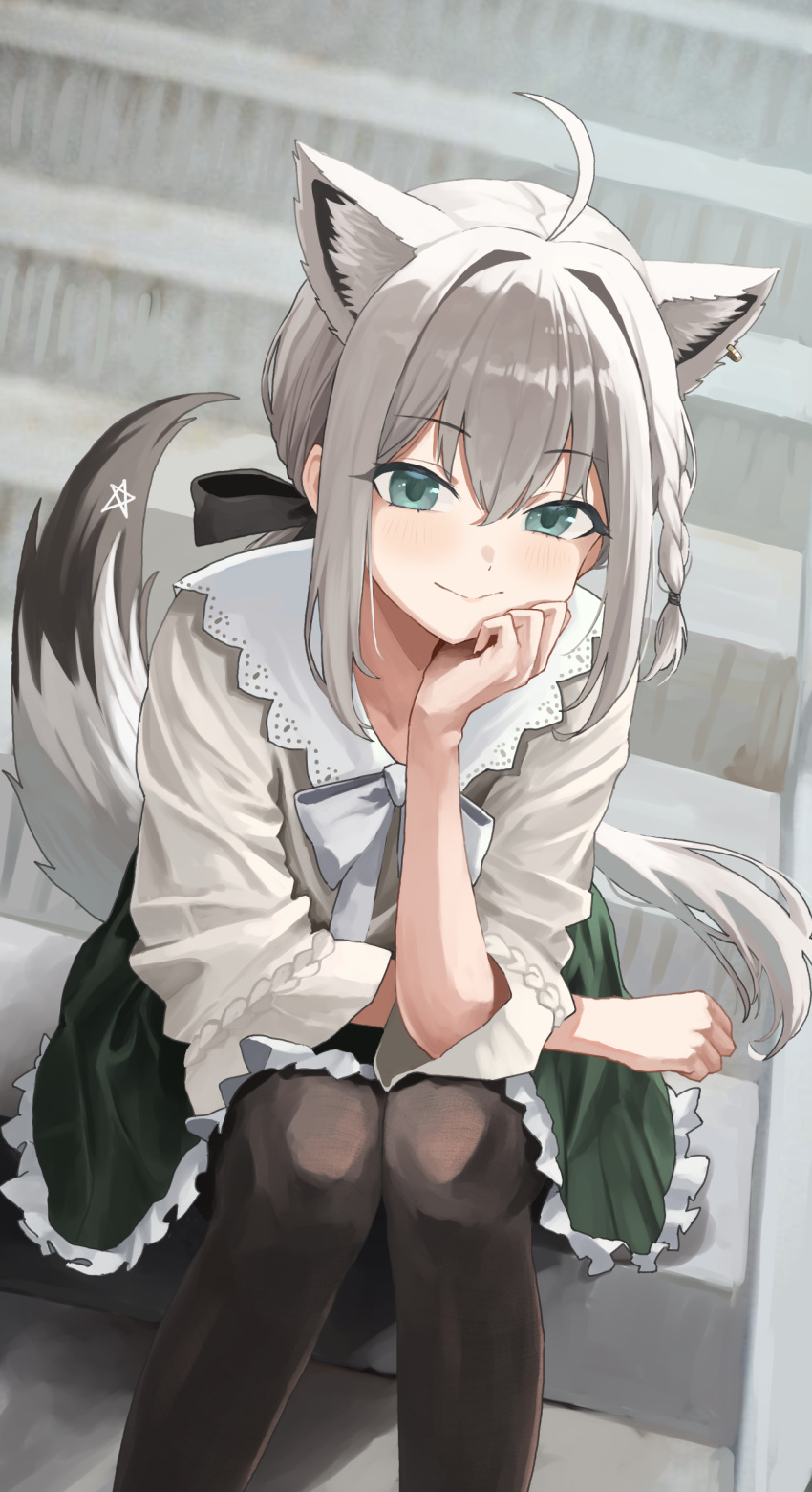 1girl absurdres ahoge animal_ear_fluff animal_ears aqua_eyes art_mu black_bow black_pantyhose bow braid commentary_request earrings extra_ears fox_ears fox_girl fox_tail frilled_skirt frills green_skirt hair_between_eyes hair_bow hair_intakes hand_on_own_chin head_rest highres hololive hoop_earrings jewelry light_blush long_hair long_sleeves looking_at_viewer low_ponytail medium_skirt pantyhose pentagram shirakami_fubuki shirakami_fubuki_(3rd_costume) shirt side_braid sidelocks single_earring sitting sitting_on_stairs skirt smile solo stairs tail white_hair white_shirt wide_sleeves