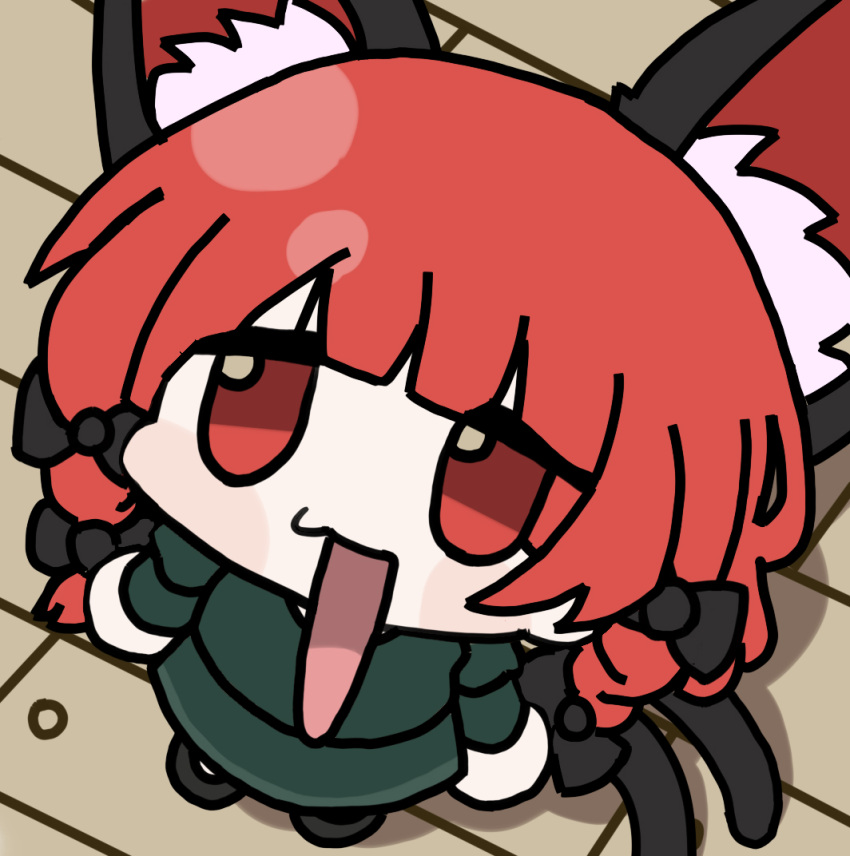 1girl animal_ear_fluff animal_ears black_bow blunt_bangs bow braid cat_ears cat_girl cat_tail chibi chinese_commentary extra_ears full_body green_shirt green_skirt hair_bow kaenbyou_rin long_hair looking_at_viewer looking_up medium_bangs multiple_tails open_mouth red_eyes redhead shirt skirt solo tail touhou twin_braids two_tails wooden_floor xie_mao_man_de_la