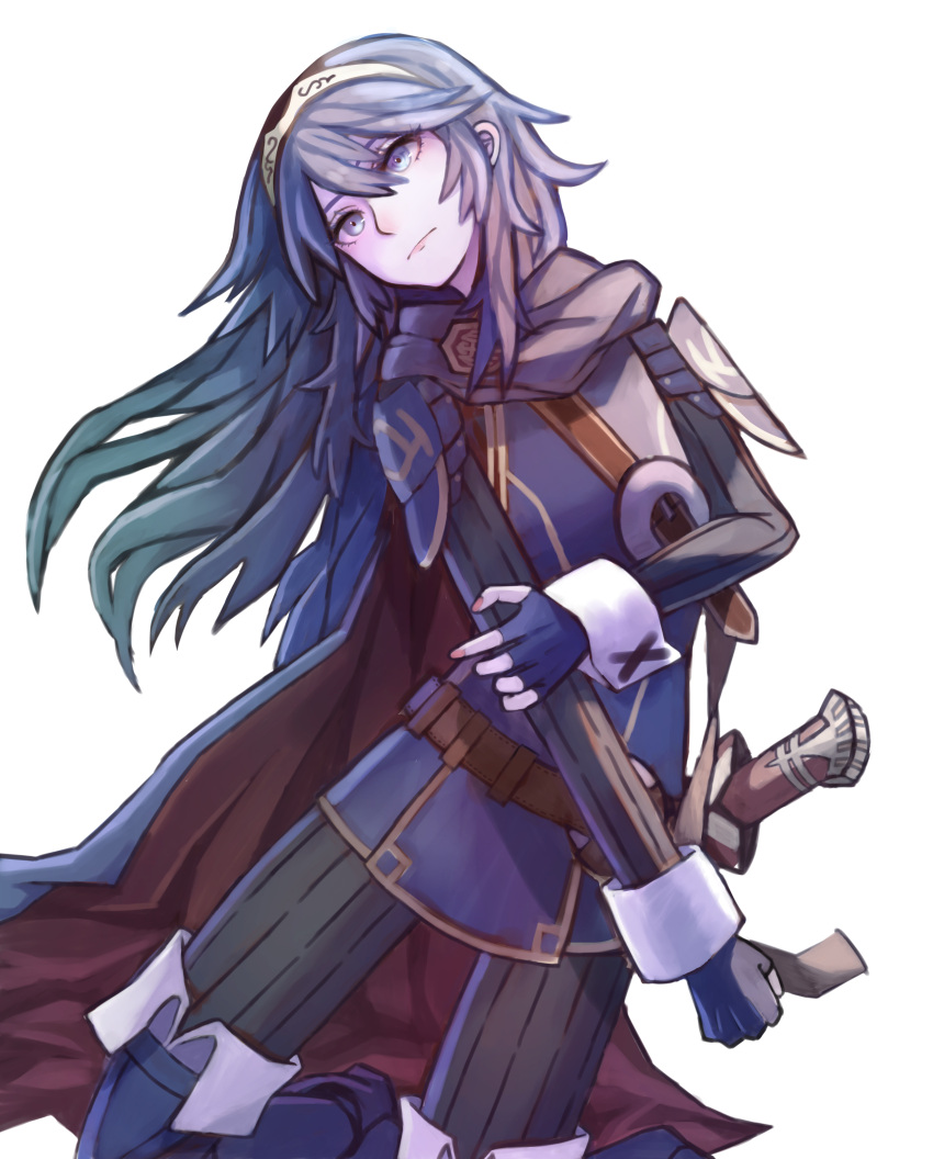 1girl absurdres armor blue_cape blue_eyes blue_gloves blue_hair brand_of_the_exalt cape closed_mouth expressionless fingerless_gloves fire_emblem fire_emblem_awakening gloves hair_between_eyes highres long_hair long_sleeves looking_to_the_side lucina_(fire_emblem) red_cape sheath sheathed shoulder_armor solo sword symbol_in_eye tbjj1208 tiara two-tone_cape weapon white_background