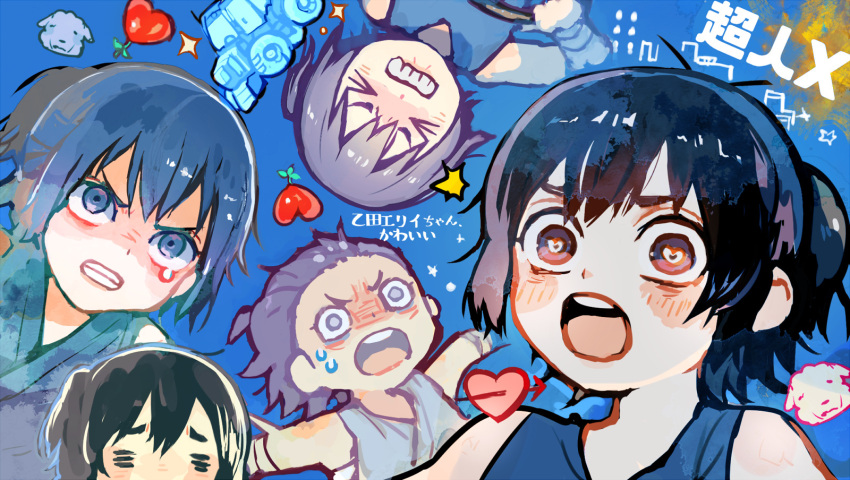 1girl angry arrow_through_heart black_hair blue_background blush choujin_x crying dog food fruit heart heart-shaped_pupils highres japanese_clothes nervous_sweating otta_ely_(choujin_x) pencil_15 surprised sweat symbol-shaped_pupils tractor violet_eyes