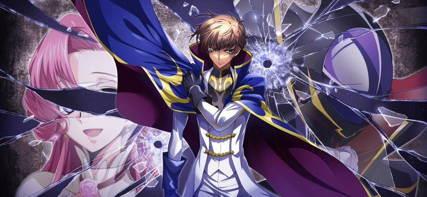 1girl 2boys adjusting_cape adjusting_clothes arm_at_side artist_request black_gloves black_shirt blue_cape broken_glass bullet_hole cape closed_mouth coat code_geass code_geass:_lost_stories euphemia_li_britannia game_cg glass gloves gold_trim green_eyes hand_up high_collar highres inset jacket kururugi_suzaku long_sleeves looking_at_viewer male_focus military_uniform multiple_boys non-web_source official_art pants serious shirt sidelocks standing two-sided_cape two-sided_fabric uniform v-shaped_eyebrows white_coat white_jacket white_pants zero_(code_geass)