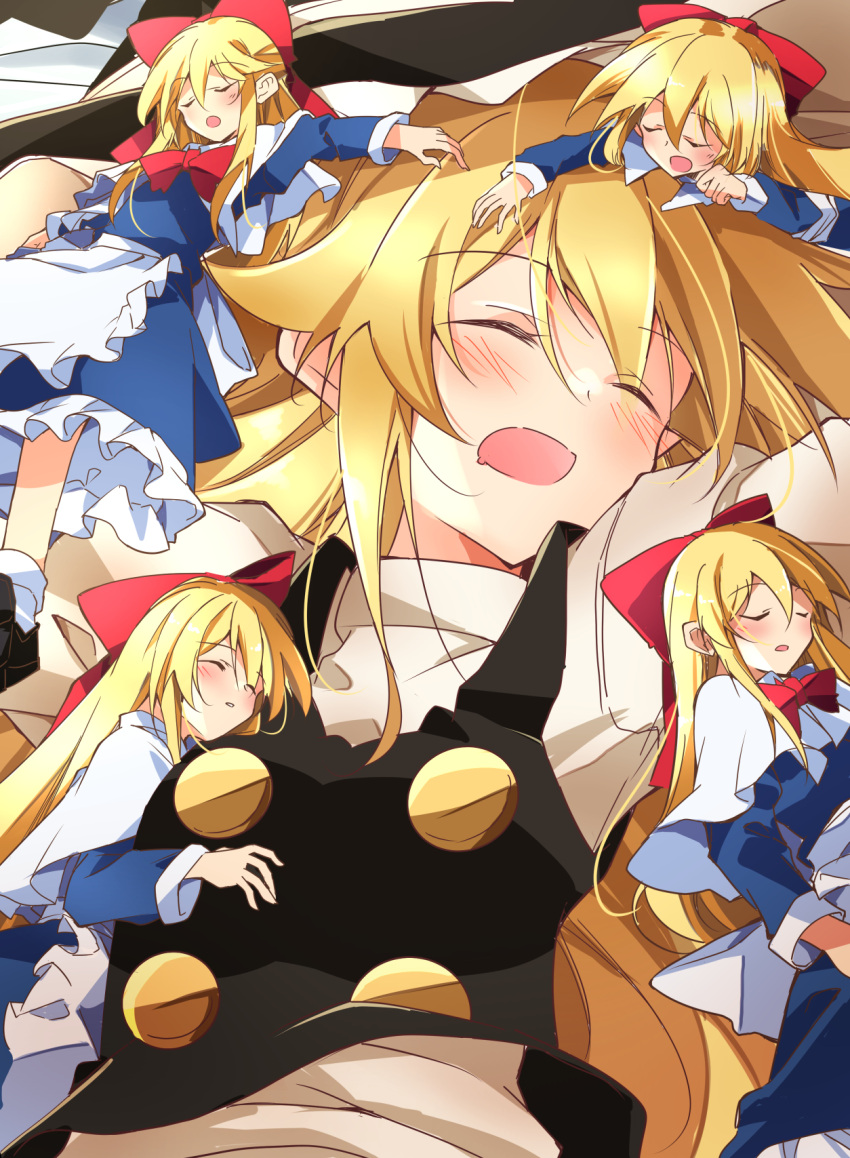 1girl black_vest blonde_hair blue_dress blush bow bowtie capelet closed_eyes commentary_request doll dress hair_bow hat highres ichimura_kanata kirisame_marisa long_hair long_sleeves marisa_day open_mouth red_bow red_bowtie shanghai_doll sleeping socks solo touhou vest white_capelet white_socks witch_hat