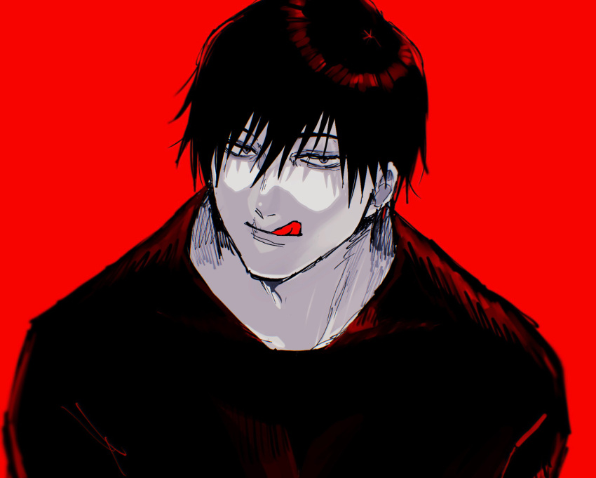 1boy :q artist_request black_hair fushiguro_touji greyscale_with_colored_background half-closed_eyes highres jujutsu_kaisen looking_at_viewer male_focus mature_male red_theme sanpaku scar scar_on_face scar_on_mouth short_hair smile solo tongue tongue_out upper_body