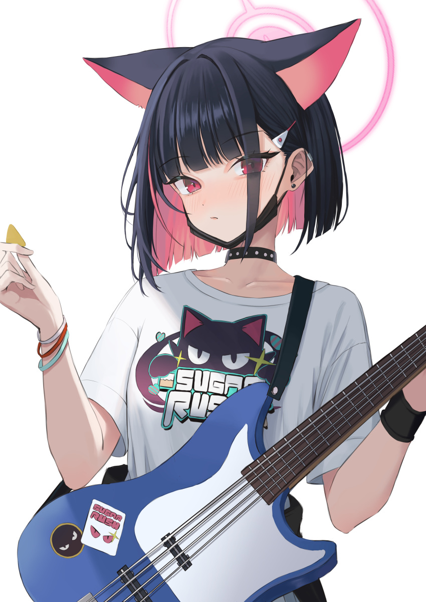 1girl absurdres animal_ears black_choker black_hair black_mask blue_archive blush cat_ears cat_girl choker clothes_writing collarbone colored_inner_hair electric_guitar extra_ears eyes_visible_through_hair guitar hair_ornament hairclip halo highres holding holding_instrument instrument kazusa_(band)_(blue_archive) kazusa_(blue_archive) looking_at_viewer mask mask_pull mouth_mask multicolored_hair pink_hair pink_halo red_eyes shirt short_sleeves simple_background solo t-shirt two-tone_hair underline_(yuki154cm) white_background white_shirt