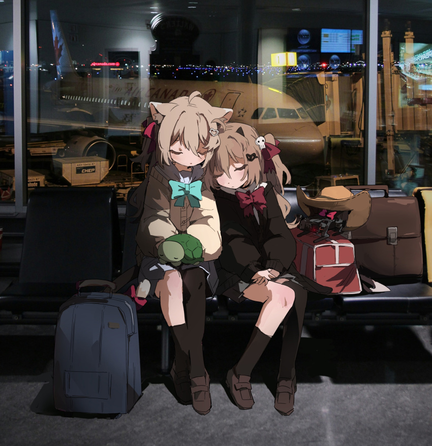 2girls :&lt; ahoge aircraft airplane airport animal_ear_fluff animal_ears animal_on_lap asymmetrical_legwear bag bench black_cardigan black_socks black_thighhighs blonde_hair blue_bag blue_bow blue_bowtie blush bow bowtie brown_footwear cardigan cat_ears closed_eyes closed_mouth commentary commission cowboy_hat demon_horns evil_neuro-sama grey_skirt hair_between_eyes hair_bow hair_ornament hat heart heart_hair_ornament highres horns indie_virtual_youtuber leaning_on_person long_hair long_sleeves multiple_girls neuro-sama non-humanoid_robot on_lap own_hands_together pasharuu photo_background red_bag red_bow red_bowtie reflection robot robot_animal robot_dog russian_commentary siblings single_sock single_thighhigh sisters sitting skirt sleeping socks thigh-highs turtle twintails vedal987 window yellow_cardigan