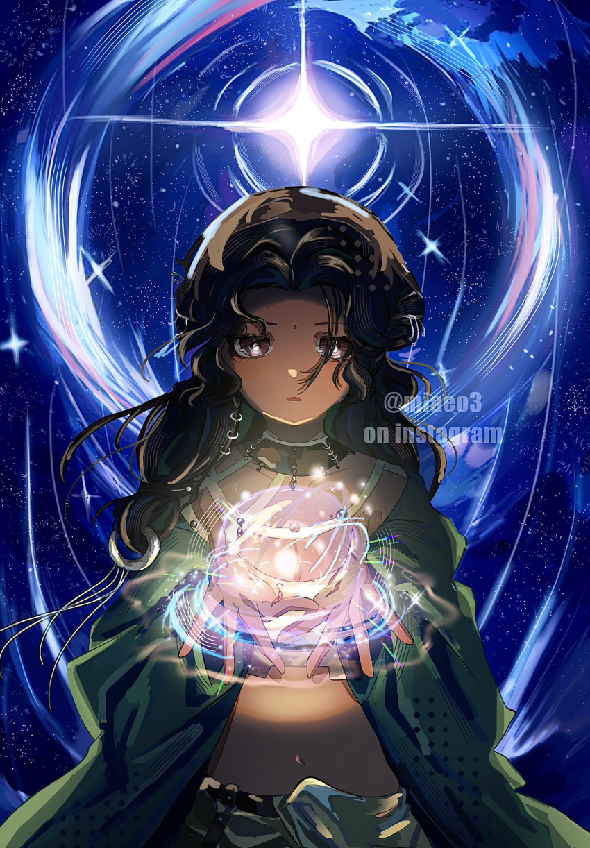 1girl backlighting black_hair blue_background blue_coat coat cropped_shirt facial_mark forehead_mark hair_ornament highres kaalaa_baunaa long_hair looking_at_viewer mian_(miaeo3) navel open_clothes open_coat outstretched_hand parted_lips reverse:1999 shirt solo star_(sky) starry_background stomach upper_body violet_eyes watermark yellow_shirt