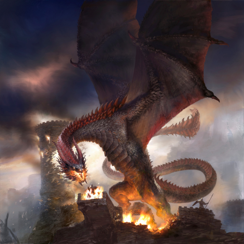 2others a_song_of_ice_and_fire absurdres animal_focus breath_weapon breathing_fire building burning clouds cloudy_sky commentary destruction dragon drogon english_commentary fantasy fire glowing glowing_eye highres horns monster multiple_others official_art open_mouth outdoors paul_dainton realistic rubble sky smoke tail tower watchtower western_dragon wings wyvern