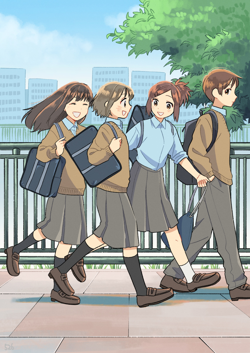 1boy 3girls ^_^ absurdres backpack bag black_socks blue_shirt blue_sky blush brown_cardigan brown_eyes brown_hair cardigan cityscape closed_eyes closed_mouth clouds collared_shirt day full_body hair_ornament hairclip hand_in_pocket highres holding holding_bag kojiro337 long_hair looking_at_another mary_janes multiple_girls open_mouth original outdoors pants pleated_skirt ponytail railing school_bag shirt shoes short_hair shoulder_bag skirt sky smile socks teeth tree walking white_socks