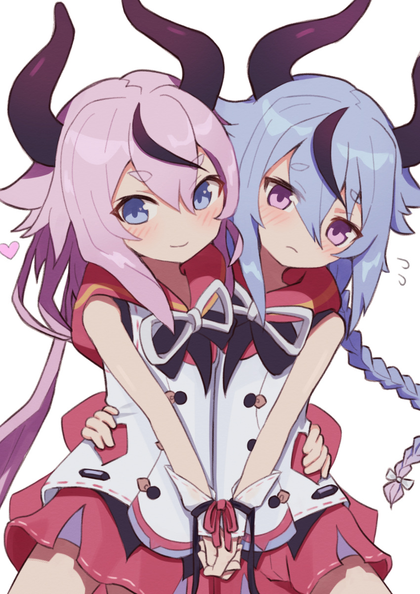 2others bare_arms black_bow black_bowtie black_horns blue_eyes blue_hair blush bow bowtie braid braided_ponytail buttons closed_mouth flying_sweatdrops frown gradient_hair hair_between_eyes hand_on_another's_waist heart highres holding_hands horns katakuri_neko long_hair looking_at_viewer meika_hime meika_mikoto multicolored_hair multiple_others neck_ribbon pink_eyes pink_hair red_sailor_collar red_shorts red_skirt ribbon sailor_collar shirt shorts siblings single_braid skirt sleeveless sleeveless_shirt smile streaked_hair vocaloid white_background white_ribbon white_shirt