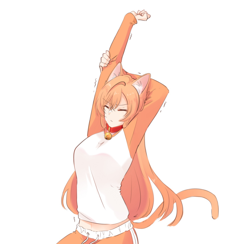 1girl animal_ears arm_up bell breasts cat_ears cat_girl cat_tail closed_eyes collar commentary jingle_bell large_breasts long_hair midriff neck_bell orange_hair original pants red_collar solo stretching tail track_pants trembling udon-udon upper_body