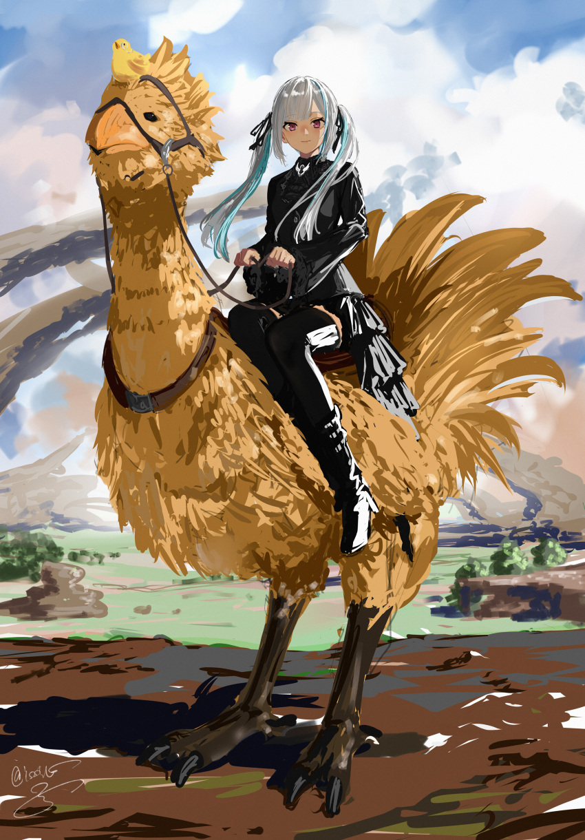 1girl absurdres aqua_hair bird black_dress black_suit black_thighhighs blunt_bangs brooch canyon chocobo dress final_fantasy final_fantasy_xv frilled_dress frilled_sleeves frills full_body highres holding holding_reins isshiki_(ffmania7) jewelry lize_helesta looking_at_viewer multicolored_hair nijisanji outdoors reins riding riding_animal sebastian_piyodore sidelocks signature sitting smile solo standing streaked_hair suit thigh-highs twintails violet_eyes virtual_youtuber white_hair