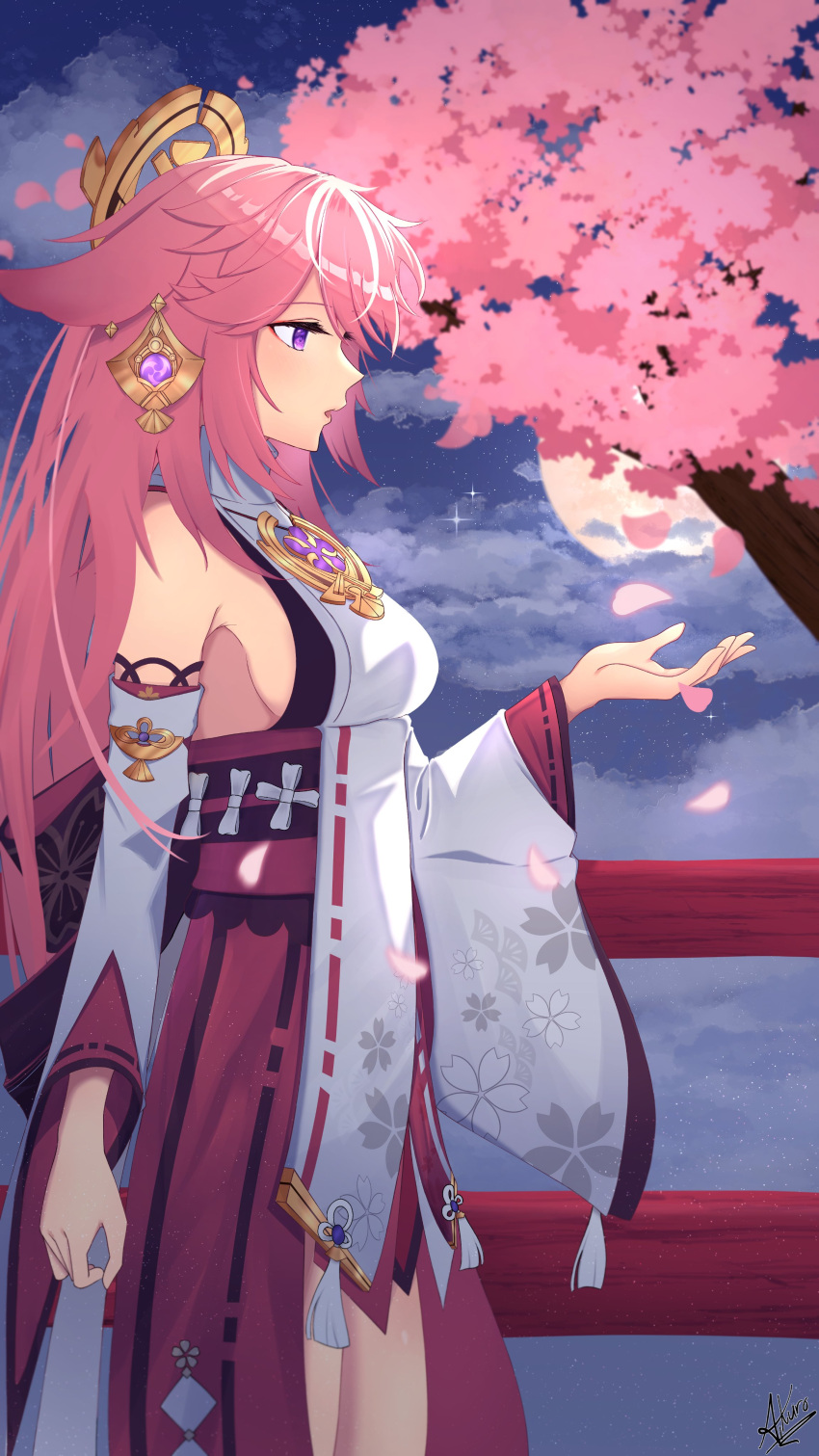 1girl absurdres aikuroalter animal_ears artist_name bare_shoulders breasts cherry_blossoms clouds cloudy_sky commentary detached_sleeves earrings falling_petals fence fox_ears from_side genshin_impact hair_between_eyes hair_ornament hakama hakama_skirt hand_up highres japanese_clothes jewelry long_hair long_sleeves looking_at_hand making-of_available moon night night_sky nontraditional_miko open_mouth outdoors petals pink_hair shirt signature skirt sky sleeveless sleeveless_shirt solo standing star_(sky) tree turtleneck very_long_hair violet_eyes white_shirt wide_sleeves wooden_fence yae_miko