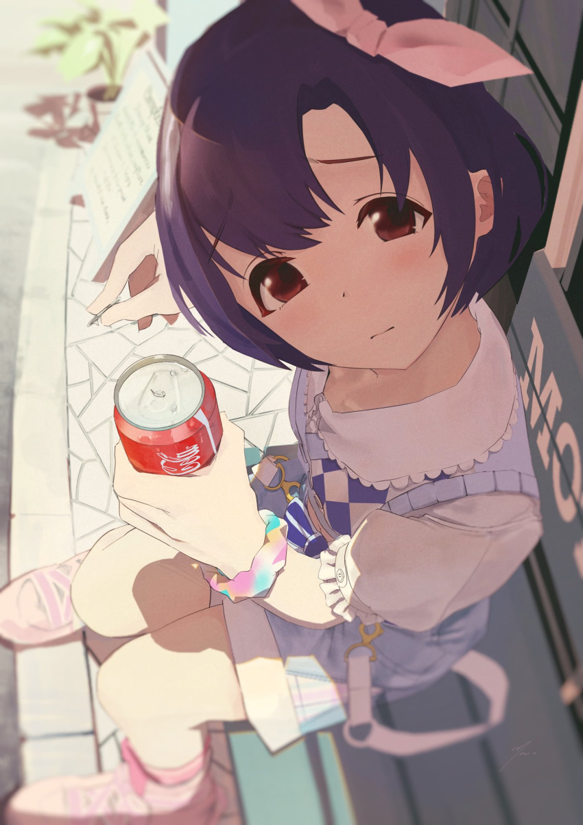 1girl black_hair blue_shorts blurry blush bow breasts brown_eyes can closed_mouth coca-cola collarbone commentary day depth_of_field dot_nose from_above hair_bow hair_ribbon highres holding holding_can idolmaster idolmaster_cinderella_girls idolmaster_cinderella_girls_starlight_stage looking_at_viewer looking_up multicolored_scrunchie on_bench outdoors pink_footwear pink_ribbon pink_socks plant potted_plant rakukata_u ribbon scrunchie shadow shiragiku_hotaru shirt shoes short_hair shorts signature small_breasts sneakers socks solo suspender_shorts suspenders white_shirt wrist_scrunchie
