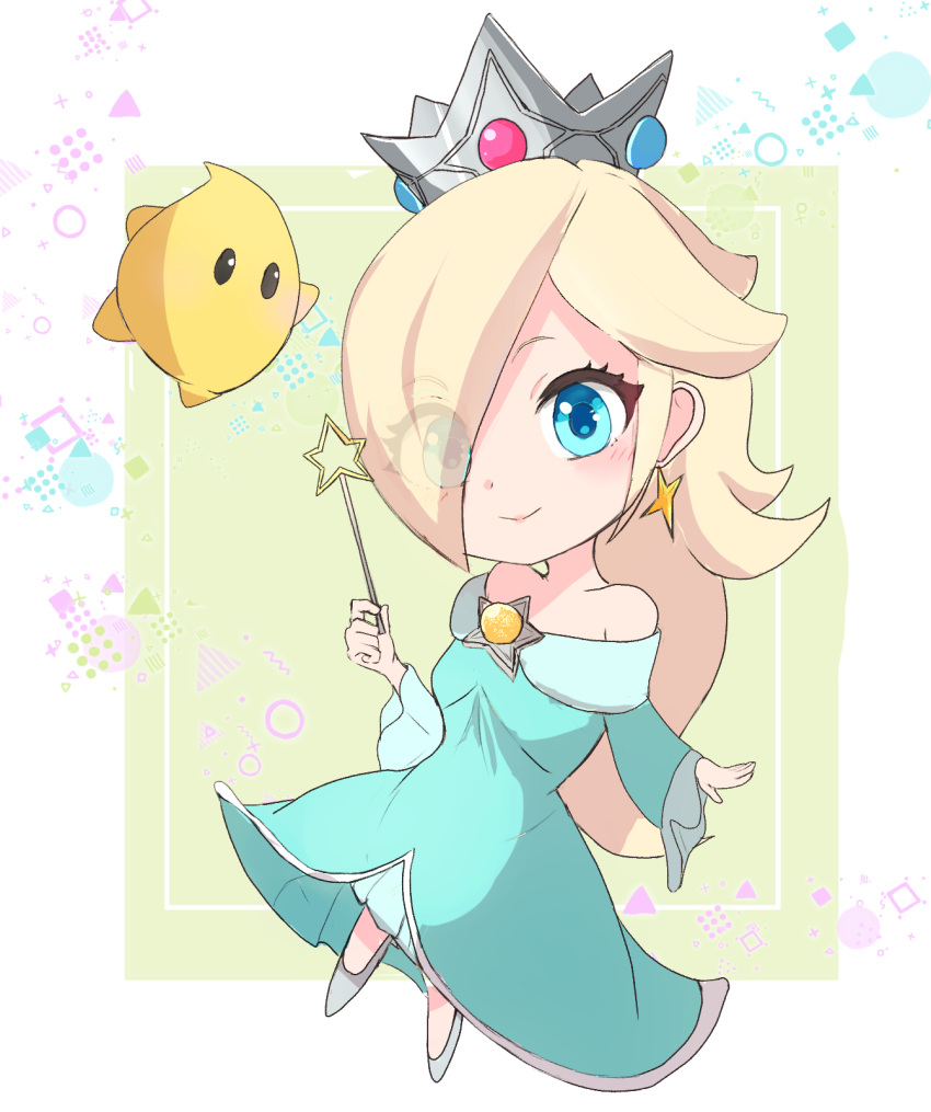 1girl ayaka_00709 bare_shoulders blonde_hair blue_dress blue_eyes brooch chibi closed_mouth crown dress earrings eyes_visible_through_hair hair_over_one_eye highres holding holding_wand jewelry long_hair long_sleeves looking_at_viewer luma_(mario) off-shoulder_dress off_shoulder rosalina smile star_(symbol) star_brooch star_earrings super_mario_bros. super_mario_galaxy wand