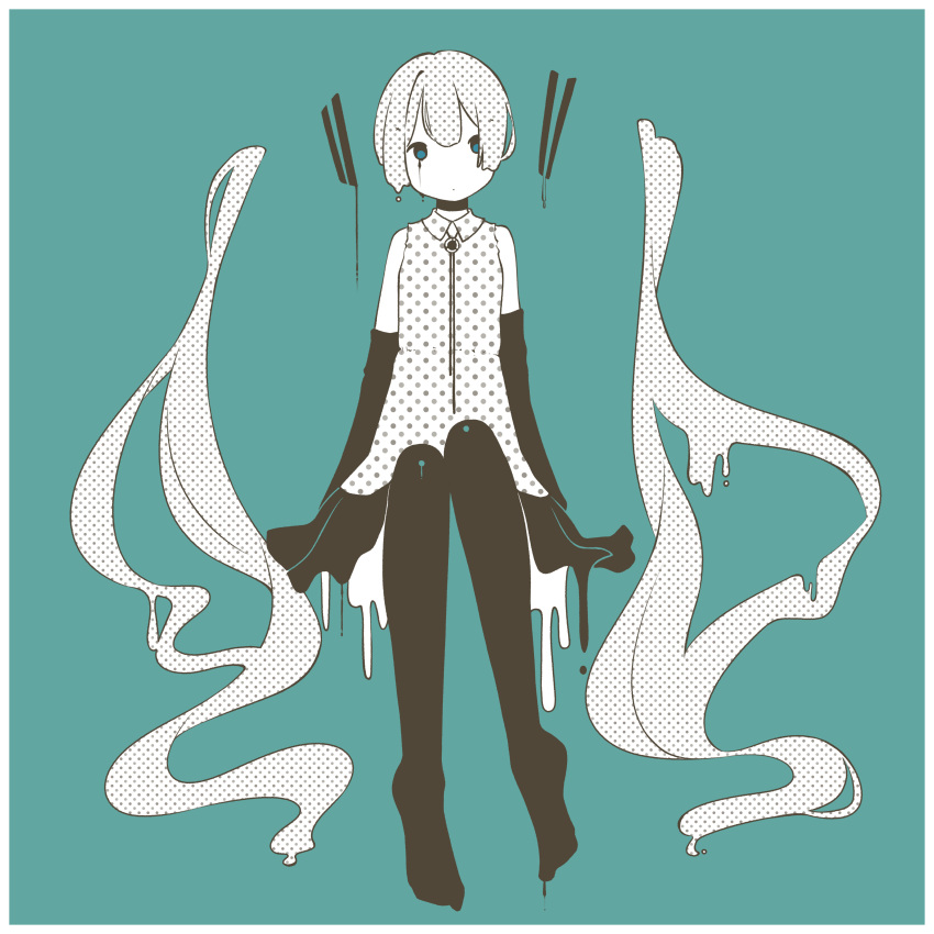 1girl absurdres blue_background blue_eyes border detached_hair detached_sleeves dripping full_body halftone hatsune_miku highres honomanbo limited_palette long_hair long_sleeves looking_to_the_side no_shoes pantyhose polka_dot polka_dot_shirt shirt sitting solo twintails very_long_hair vocaloid