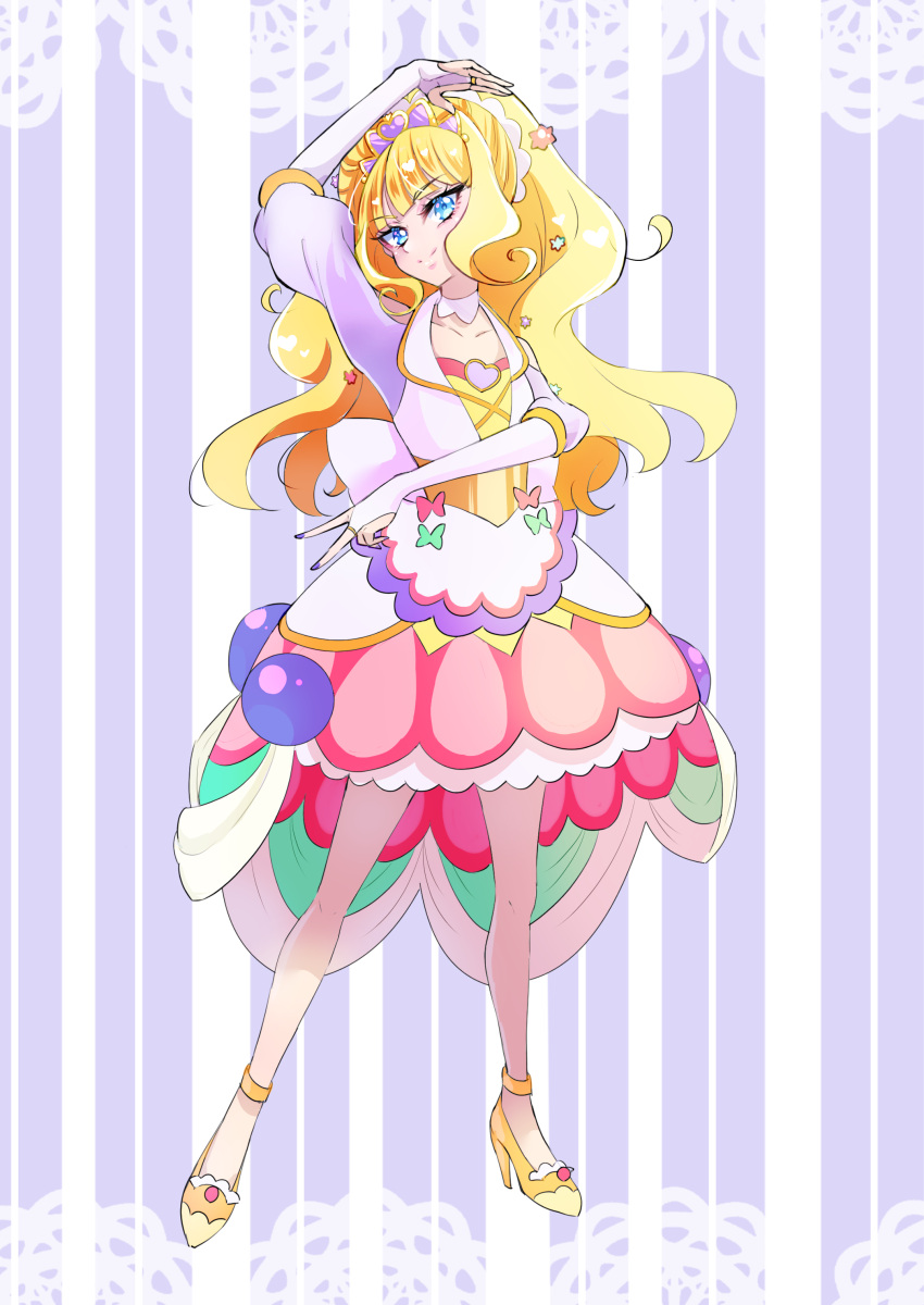 1girl absurdres arm_up back_bow blonde_hair blue_eyes blunt_bangs bow bridal_gauntlets brooch candy choker closed_mouth commentary cure_finale delicious_party_precure doily dress elbow_gloves food food-themed_hair_ornament full_body gloves hair_ornament heart heart_brooch high_heels highres jewelry kasai_amane konpeitou large_bow long_hair looking_at_viewer magical_girl miisu_(minirose) multicolored_clothes multicolored_dress precure purple_background short_sleeves smile solo standing tiara v white_bow white_choker white_gloves wide_ponytail yellow_footwear
