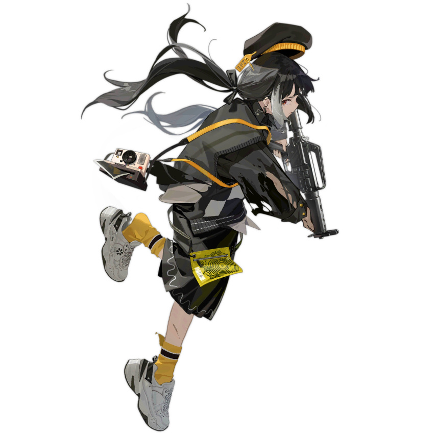 1girl beret black_hair black_hat black_ribbon black_shirt black_skirt black_vest camera checkered_clothes checkered_vest collared_shirt colt_9mm_smg floating_hair from_side fu_nengliang_jiegeti full_body girls_frontline gun hair_ribbon hat highres holding holding_gun holding_weapon long_hair long_skirt long_sleeves looking_at_viewer looking_to_the_side low_twintails multicolored_hair musical_note_earrings official_alternate_costume official_art parted_lips photo_(object) planet_necklace polaroid print_vest profile red_eyes ribbon ro635_(monochrome_jungle_bird)_(girls'_frontline) scratches shirt shoe_dangle shoes simple_background skirt sneakers socks solo standing standing_on_one_leg streaked_hair streetwear third-party_source torn_clothes torn_shirt torn_socks transparent_background trigger_discipline twintails unworn_hat unworn_headwear very_long_hair vest waist_bag weapon white_footwear white_hair white_shirt yellow_bag yellow_socks zipper