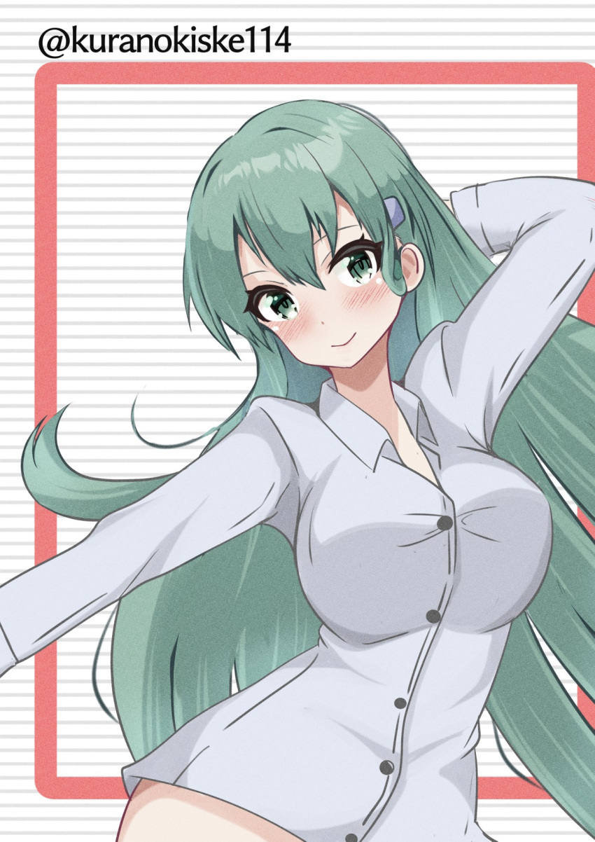 1girl breasts collared_shirt dress_shirt green_eyes green_hair highres kantai_collection kurano_kisuke large_breasts long_hair looking_at_viewer one-hour_drawing_challenge shirt solo striped_background suzuya_(kancolle) twitter_username upper_body white_background white_shirt