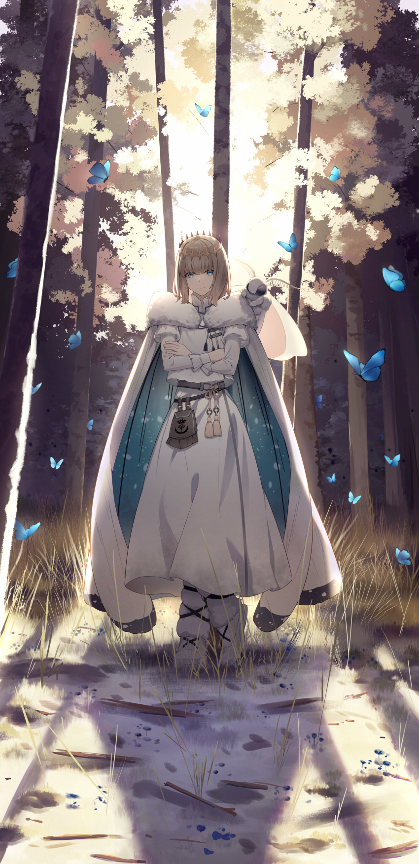 1boy absurdres blanca_(fate) blue_cloak blue_eyes bug butterfly butterfly_wings cape cloak crown diamond_hairband fate/grand_order fate_(series) full_body fur_trim grey_hair hezihe highres insect_wings long_sleeves looking_at_viewer male_focus medium_hair moth no_wings oberon_(fate) shirt smile two-tone_cape white_cloak wing_cape wings