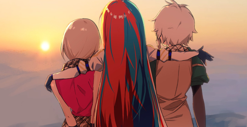 1boy 2girls ahonoko alear_(female)_(fire_emblem) alear_(fire_emblem) arm_on_another's_shoulder blonde_hair blue_hair clanne_(fire_emblem) fire_emblem fire_emblem_engage framme_(fire_emblem) from_behind highres multicolored_hair multiple_girls redhead siblings split-color_hair sunset twins two-tone_hair