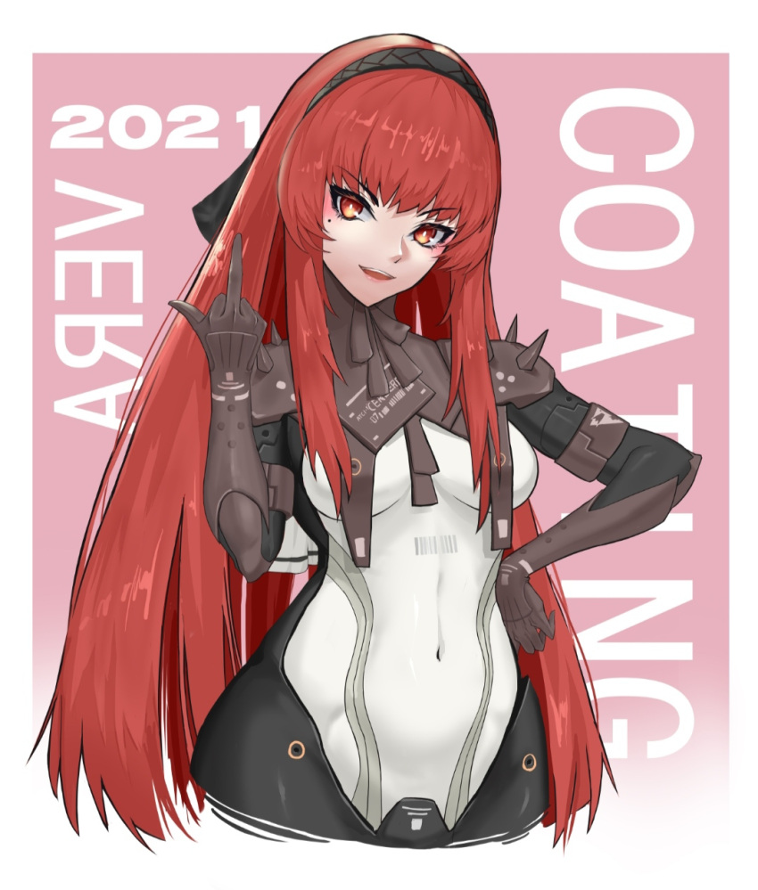 1girl 2021 barcode black_bodysuit black_hairband bodysuit character_name covered_navel hairband highres long_hair mechanical_arms middle_finger open_mouth pink_background punishing:_gray_raven red_eyes redhead sidelocks teeth two-tone_bodysuit upper_teeth_only vera:_rozen_(punishing:_gray_raven) vera_(punishing:_gray_raven) very_long_hair white_bodysuit