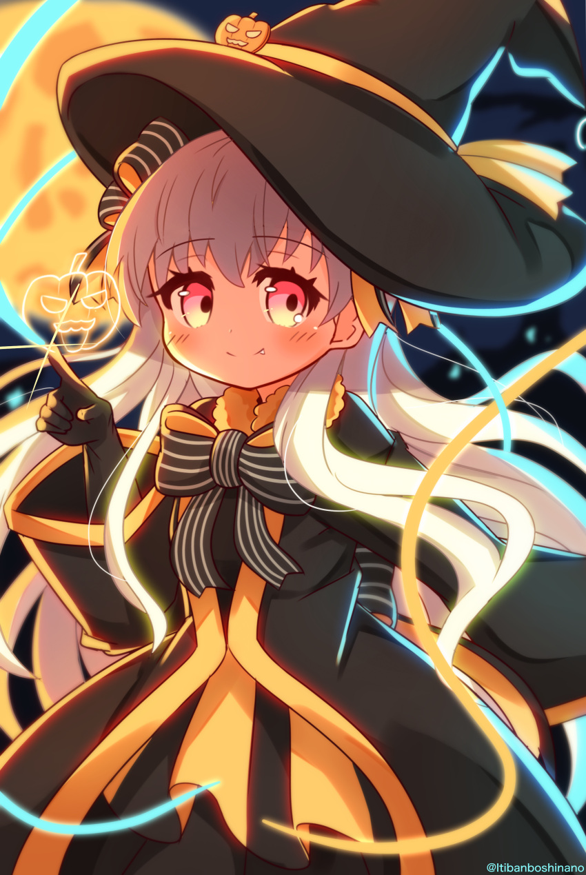 1girl absurdres black_bow black_gloves black_hat black_robe black_shirt black_skirt blurry blurry_background bow closed_mouth commentary_request depth_of_field fang fang_out fate/extra fate_(series) full_moon gloves grey_hair hair_between_eyes hair_bow halloween hand_up hat highres jack-o'-lantern long_hair long_sleeves looking_at_viewer moon nursery_rhyme_(fate) red_eyes robe shirt skirt smile solo striped_bow twitter_username very_long_hair wide_sleeves witch_hat yellow_skirt yuya090602