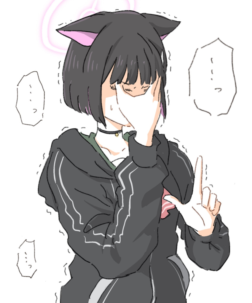 ... 1girl black_choker black_hair black_hood blue_archive choker closed_eyes collarbone covered_mouth facepalm green_sailor_collar halo hands_up hariyaa highres index_finger_raised kazusa_(blue_archive) long_sleeves neckerchief pink_hair pink_halo red_neckerchief sailor_collar short_hair simple_background small_sweatdrop solo spoken_ellipsis upper_body white_background