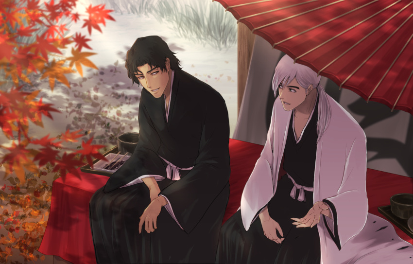 2021 2boys aged_down autumn black_hair black_kimono bleach blurry brown_eyes commentary_request dappled_sunlight dated_commentary day depth_of_field feet_out_of_frame ginjou_kuugo green_eyes hand_up haori japanese_clothes kimono leaf long_hair looking_at_another low_ponytail male_focus maple_leaf mature_male multiple_boys navinavinavia oil-paper_umbrella outdoors parted_lips short_hair side-by-side sitting smile sunlight ukitake_juushirou umbrella white_hair white_kimono