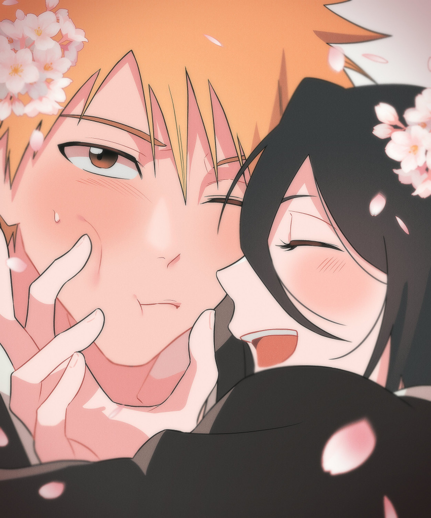 1boy 1girl :d :t ^_^ absurdres black_hair black_kimono bleach blurry blush brown_eyes cheek_pinching cherry_blossoms close-up closed_eyes closed_mouth commentary_request couple depth_of_field eyebrows_hidden_by_hair facing_another falling_petals gwao_(_ul_13) happy hetero highres japanese_clothes kimono korean_commentary kuchiki_rukia kurosaki_ichigo looking_at_viewer one_eye_closed open_mouth orange_hair petals pinching profile sanpaku short_hair simple_background smile spiky_hair sweatdrop teeth tsurime upper_teeth_only upturned_eyes