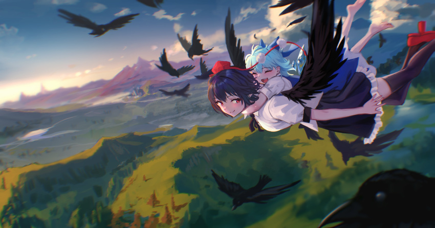 2girls :d ^_^ bare_arms barefoot bird black_hair black_skirt black_thighhighs black_wings blue_hair cirno closed_eyes commentary_request crow day flying frilled_skirt frills geta hat highres ice ice_wings mountain multiple_girls open_mouth outdoors pom_pom_(clothes) puffy_short_sleeves puffy_sleeves red_eyes roke_(taikodon) shameimaru_aya shirt short_hair short_sleeves skirt smile tengu-geta thigh-highs tokin_hat touhou white_shirt wings