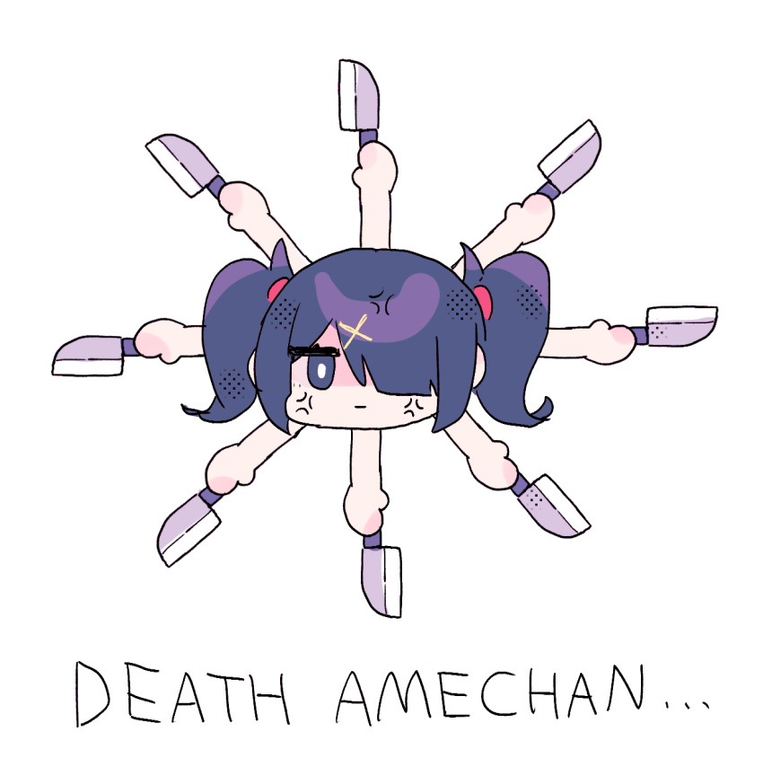 1girl :| ame-chan_(needy_girl_overdose) anger_vein black_eyes black_hair bright_pupils character_name closed_mouth death_momoi_(meme) english_text hair_ornament hair_over_one_eye highres holding holding_knife kitchen_knife knife long_hair looking_at_viewer meme needy_girl_overdose portrait simple_background solo sushiuma_m twintails white_background white_pupils x_hair_ornament