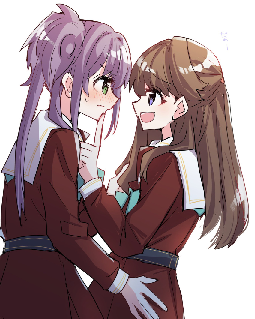 2girls :d aqua_neckerchief blush brown_dress brown_hair check_translation commentary dress eye_contact face-to-face from_side fujishima_megumi green_eyes hand_on_another's_chin hand_on_another's_hip hasu_no_sora_school_uniform highres kanduki_kamibukuro link!_like!_love_live! long_hair long_sleeves looking_at_another love_live! multiple_girls neckerchief nose_blush open_mouth otomune_kozue pleated_dress purple_hair sailor_collar sailor_dress school_uniform side_ponytail sidelighting sidelocks sideways_mouth simple_background smile teasing translation_request two_side_up v-shaped_eyebrows violet_eyes white_background white_sailor_collar winter_uniform yuri