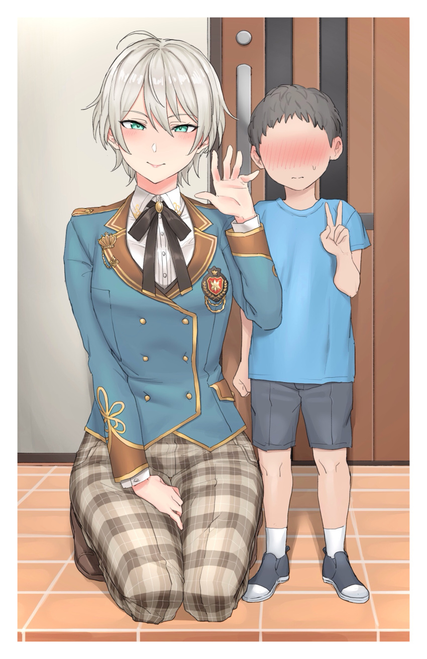 1boy 1girl absurdres age_difference akkgsyk blue_eyes blue_jacket bow bowtie breasts buttons collared_shirt commentary_request doorway double-breasted faceless faceless_male grey_hair hair_between_eyes highres imminent_netorare indoors jacket large_breasts looking_at_viewer nijisanji nijisanji_kr oh_jiyu onee-shota pants plaid plaid_pants school_uniform seiza shirt short_hair sitting smile v virtual_youtuber waving