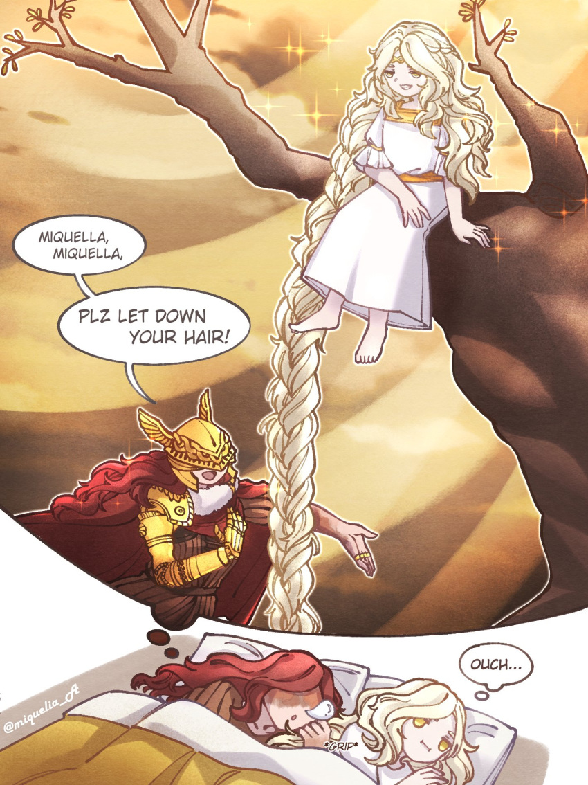 1boy 1girl absurdly_long_hair artist_name barefoot blonde_hair braid brother_and_sister commentary dreaming dress elden_ring english_commentary english_text helmet highres in_tree long_hair malenia_blade_of_miquella mechanical_arms miqueliafantasia miquella_(elden_ring) otoko_no_ko prosthesis prosthetic_arm redhead siblings single_mechanical_arm sitting sitting_in_tree sparkle speech_bubble thought_bubble tree very_long_hair visor_(armor) white_dress winged_helmet