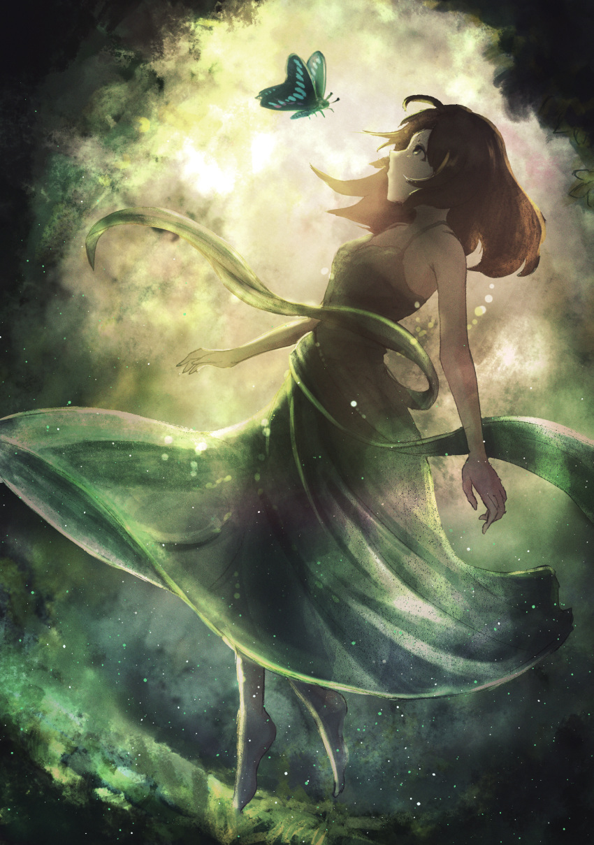 1girl absurdres ahoge bare_arms bare_shoulders barefoot breasts brown_hair bug butterfly dress floating full_body green_butterfly green_dress green_theme highres light_particles long_hair nature original profile small_breasts solo tsukushi_miwo