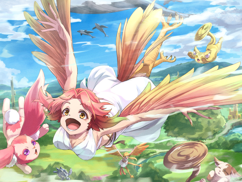 2girls bird_legs bird_tail blue_sky brown_eyes clouds cloudy_sky creature dress fantasy flying flying_whale harpy highres itsudzumi monster_girl multiple_girls open_mouth original pink_hair sky smile tail whale white_dress winged_arms wings