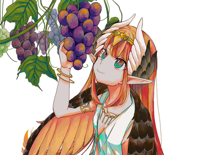 1girl aqua_eyes armlet bangle bracelet brown_wings circe_(fate) dress fate/grand_order fate_(series) feather_hair_ornament feathers flat_chest food fruit grapes hair_ornament highres jewelry large_wings long_hair looking_up pink_hair simple_background smile solo tiara wararara white_background white_dress wings