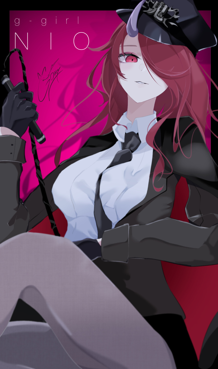 1girl black_necktie blush breasts english_text goma_irasuto hat highres holding holding_whip horns long_hair looking_at_viewer necktie oni original pink_hair redhead signature single_horn smile solo whip