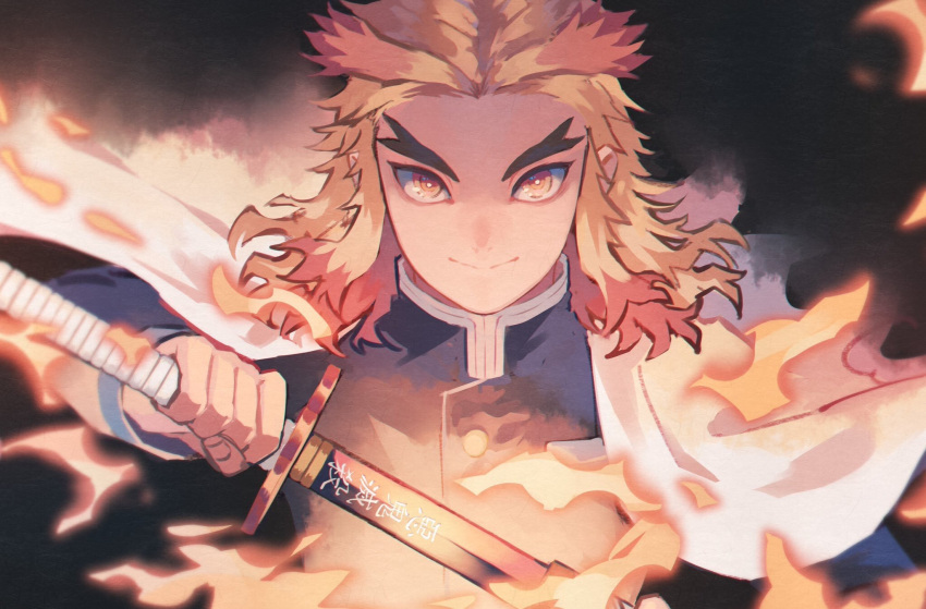 1boy black_shirt blonde_hair closed_mouth collared_shirt demon_slayer_uniform fire forked_eyebrows haori highres holding holding_sword holding_weapon jacket japanese_clothes katana kimetsu_no_yaiba long_hair long_sleeves looking_at_viewer male_focus multicolored_hair redhead rengoku_kyoujurou shirt shirukokko smile solo streaked_hair sword thick_eyebrows translation_request two-tone_hair weapon