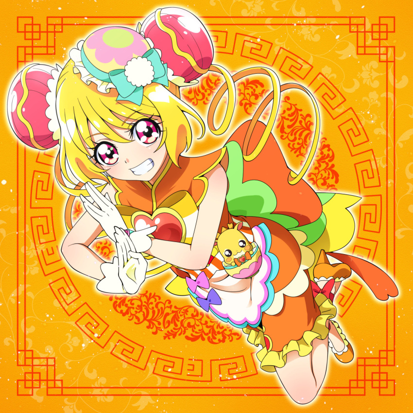 1girl apron back_bow blonde_hair bow brooch bun_cover cure_yum-yum delicious_party_precure dot_nose double_bun dress drill_hair frilled_dress frills full_body gloves green_bow grin hair_bun hanamichi_ran hat hat_bow heart heart_brooch high_heels highres jewelry large_bow long_hair looking_at_viewer magical_girl mem-mem_(precure) mini_hat multicolored_bow orange_background orange_dress orange_footwear orange_theme pink_bow pom_pom_(clothes) precure purple_bow red_eyes smile striped_bow tj-type1 twin_drills white_apron white_gloves