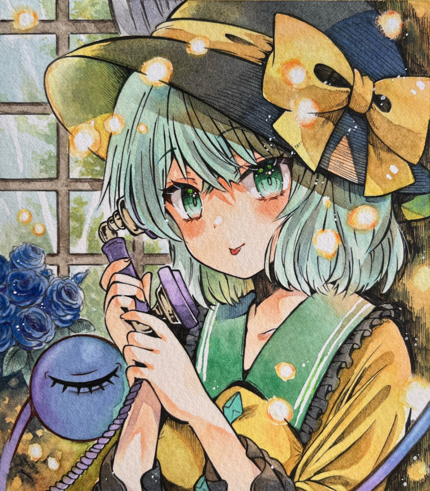 1girl :p black_hat blue_flower blue_rose blush bouquet bow buttons closed_mouth commentary crossed_bangs day diamond_button eyelashes flower frilled_shirt_collar frills green_eyes green_hair hair_between_eyes hands_up hat hat_bow highres holding holding_phone indoors komeiji_koishi light_particles medium_hair phone rose shikishi shirt smile solo straight_hair third_eye tongue tongue_out touhou traditional_media tsurime upper_body window yellow_bow yellow_shirt yuzugoori