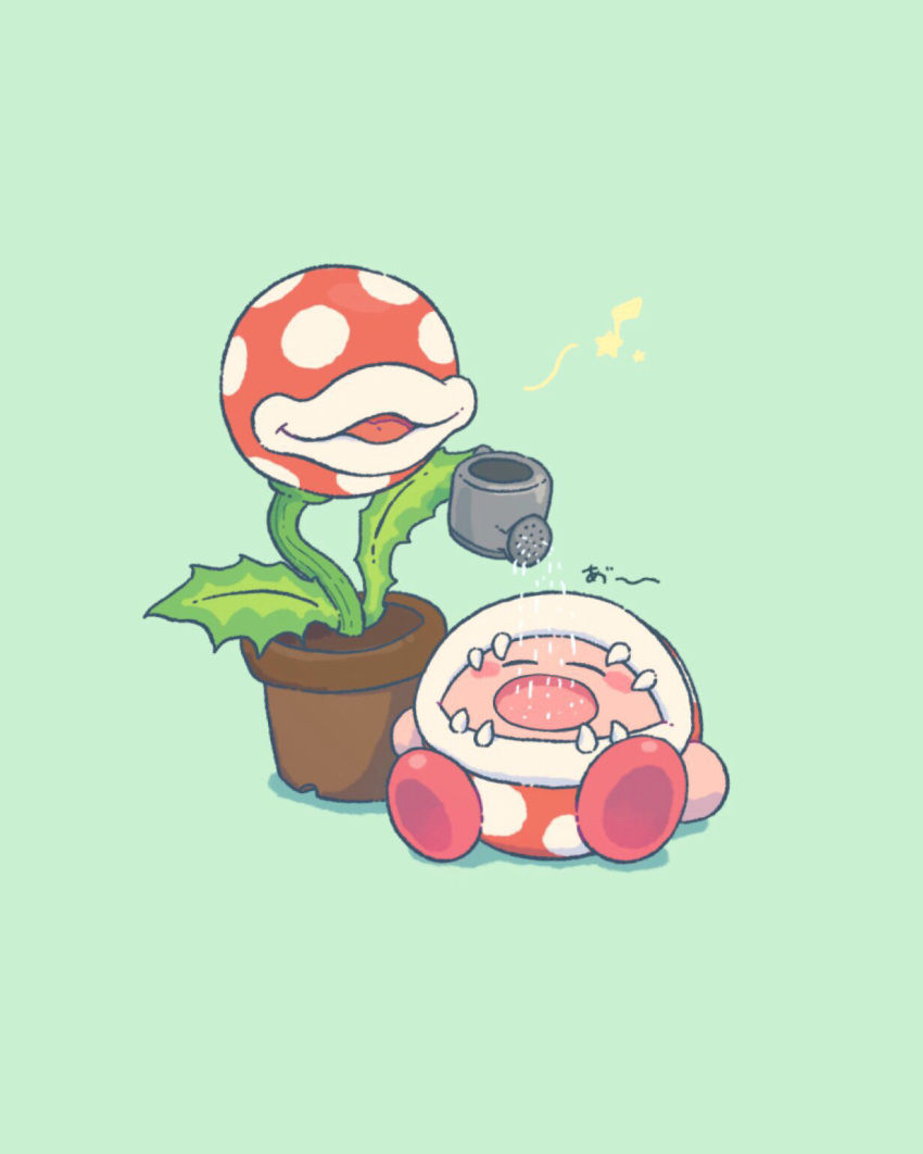 blush_stickers closed_eyes colored_skin eighth_note green_background harukui highres holding holding_watering_can kirby kirby_(series) leaf lying musical_note on_back open_mouth parted_lips pink_skin piranha_plant plant potted_plant simple_background smile spoken_musical_note super_mario_bros. super_smash_bros. watering watering_can