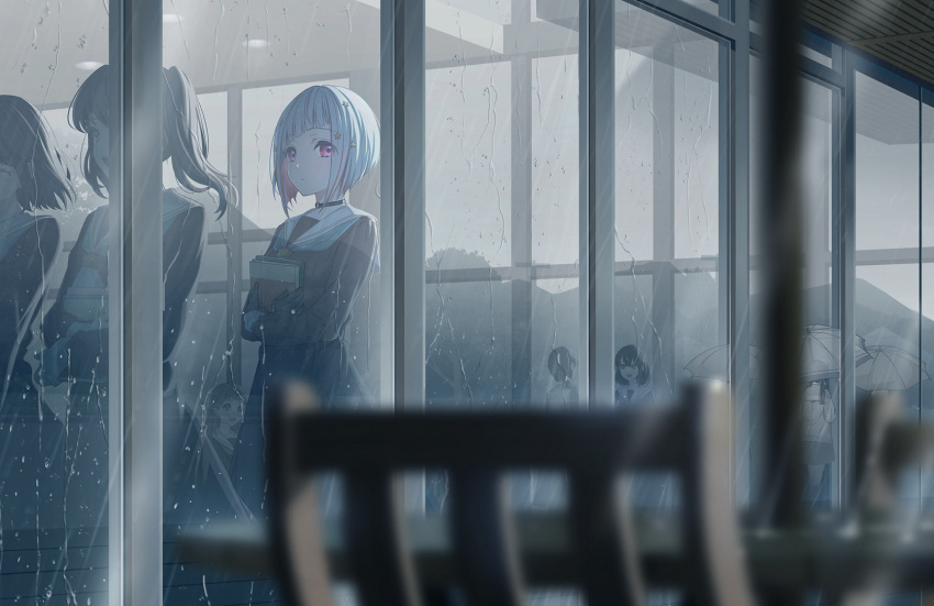 6+girls aqua_neckerchief black_choker black_gloves blue_hair blurry blurry_foreground book brown_cardigan brown_dress brown_hair cardigan choker colored_inner_hair crossed_arms dress expressionless game_cg gloves grey_hair hair_ornament hasu_no_sora_school_uniform highres holding holding_book link!_like!_love_live! long_sleeves looking_to_the_side love_live! low_twintails multicolored_hair multiple_girls murano_sayaka muted_color neckerchief o-ring o-ring_choker official_art pleated_dress rain red_eyes redhead reflection sailor_collar sailor_dress school_uniform short_hair solo_focus star_(symbol) star_hair_ornament streaked_hair third-party_source twintails white_sailor_collar window winter_uniform yugiri_tsuzuri
