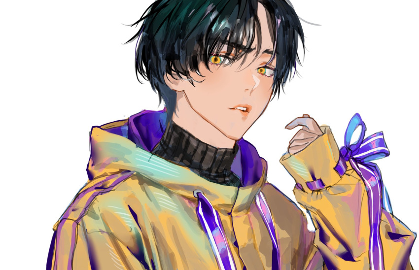 1boy arm_up biting_own_lip black_hair black_sweater chamuring close-up from_side highres hood hoodie light_blush light_frown long_sleeves looking_at_viewer looking_down male_focus original parted_bangs parted_lips purple_ribbon raised_eyebrow ribbon short_hair simple_background sleeves_past_fingers sleeves_past_wrists solo sweater teeth turtleneck turtleneck_sweater upper_teeth_only wrist_ribbon yellow_eyes yellow_hoodie