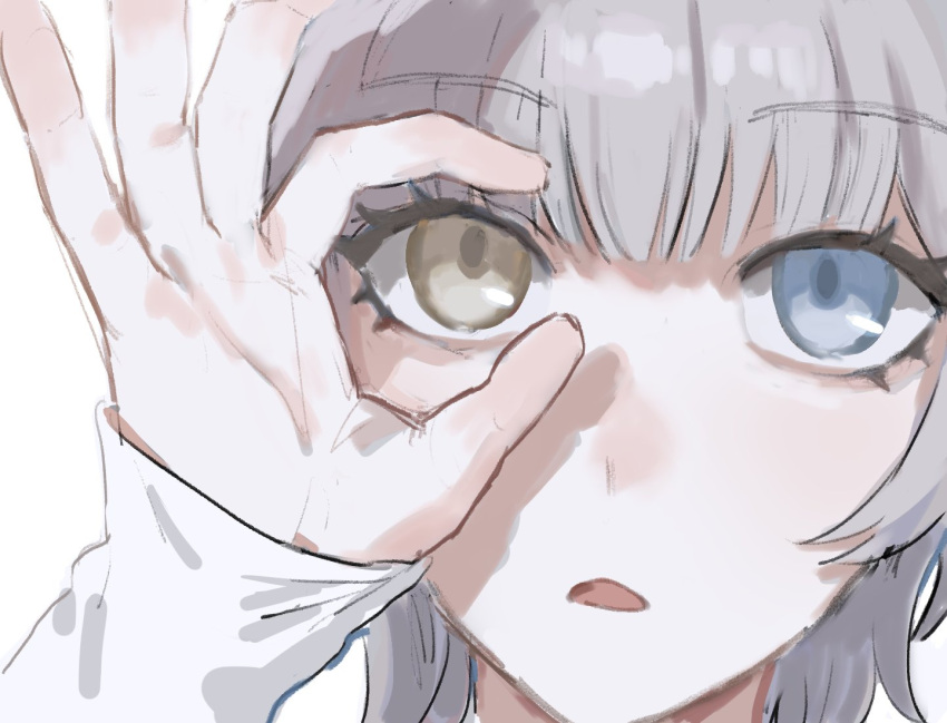 1girl bang_dream! bang_dream!_it's_mygo!!!!! blue_eyes close-up heterochromia kaname_raana looking_at_viewer nininikal ok_sign ok_sign_over_eye parted_lips portrait simple_background solo white_background white_hair yellow_eyes