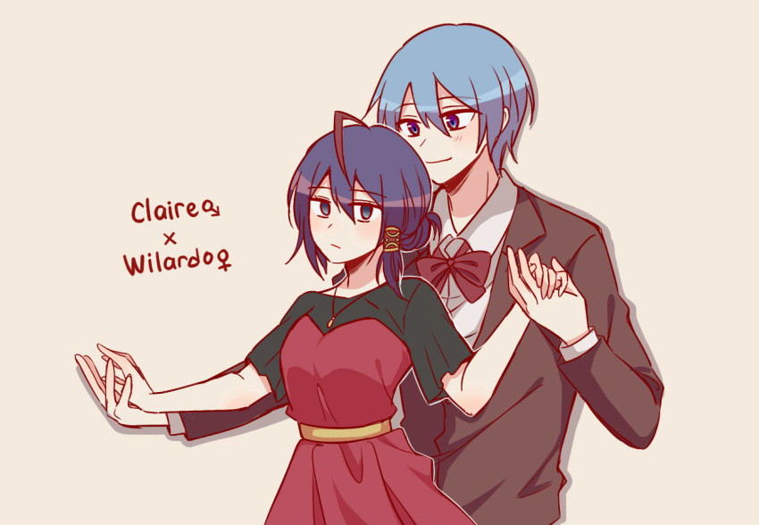 1boy 1girl ahoge biyo black_eyes black_sleeves black_suit blue_eyes blue_hair bow bowtie character_name claire_elford closed_mouth collared_shirt dancing dark_blue_hair dress expressionless genderswap genderswap_(ftm) genderswap_(mtf) holding_hands jewelry multicolored_hair necklace outline red_bow red_bowtie red_dress redhead shirt short_hair simple_background single_hair_tube smile streaked_hair suit white_outline white_shirt wilardo_adler witch's_heart yellow_background yellow_trim