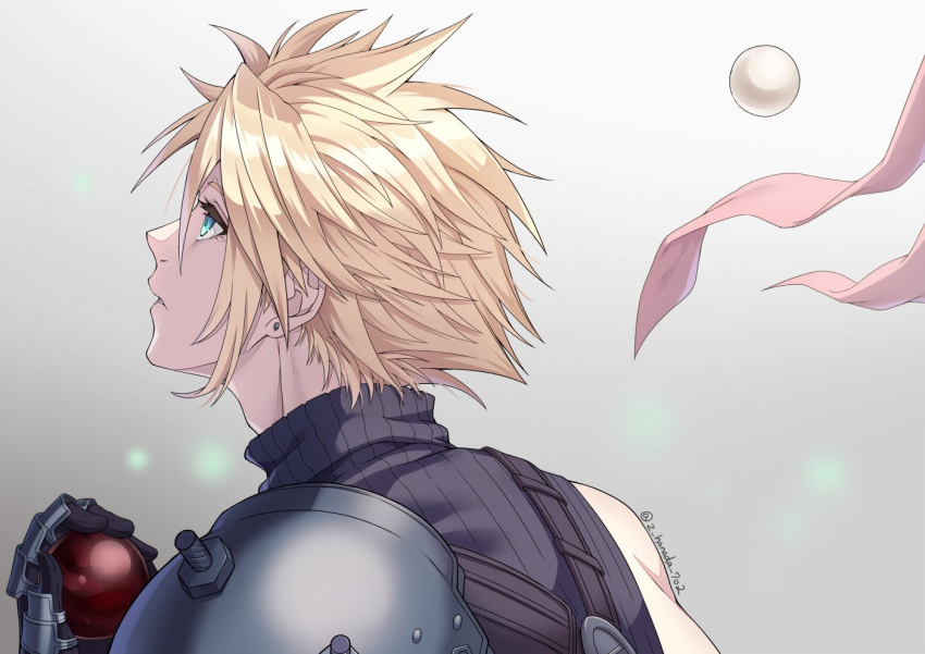 1boy armor black_gloves black_materia blonde_hair blue_eyes blue_sweater cloud_strife commentary_request earrings expressionless facing_away final_fantasy final_fantasy_vii final_fantasy_vii_rebirth final_fantasy_vii_remake furofuki_daikon gloves gradient_background grey_background hand_up holding_orb jewelry male_focus materia orb parted_lips pauldrons pink_ribbon ribbon short_hair shoulder_armor single_pauldron sleeveless sleeveless_sweater sleeveless_turtleneck solo spiky_hair stud_earrings sweater turtleneck turtleneck_sweater twitter_username upper_body
