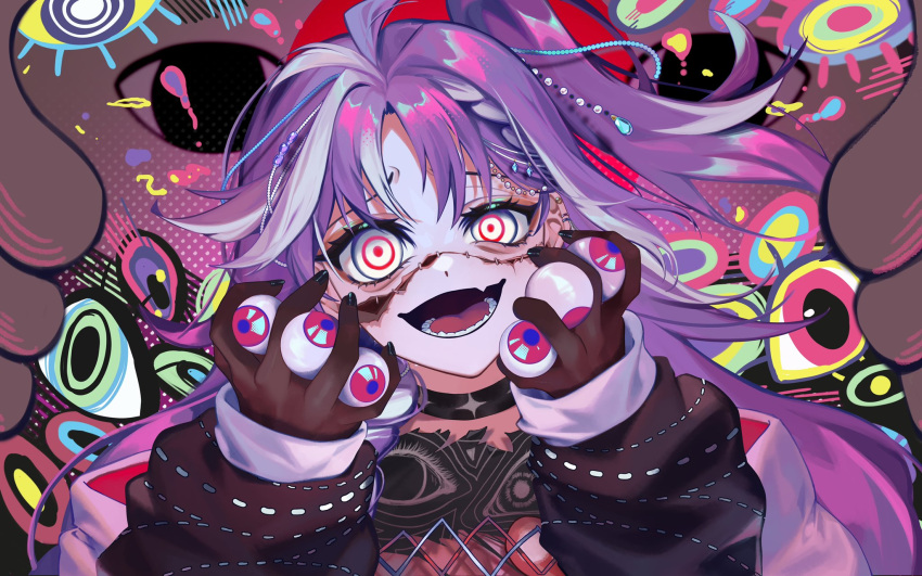 1girl bags_under_eyes black_choker black_nails black_shirt braid braided_bangs choker ear_piercing fang gloves grey_eyes highres holding_eyeball joey_ruvoa long_hair long_sleeves looking_at_viewer lower_teeth_only multicolored_hair one_side_up open_mouth piercing purple_hair red_eyes shirt skin_fang smile solo stitched_face stitches streaked_hair teeth too_many_eyes torn_clothes torn_shirt virtual_youtuber vshojo white_hair