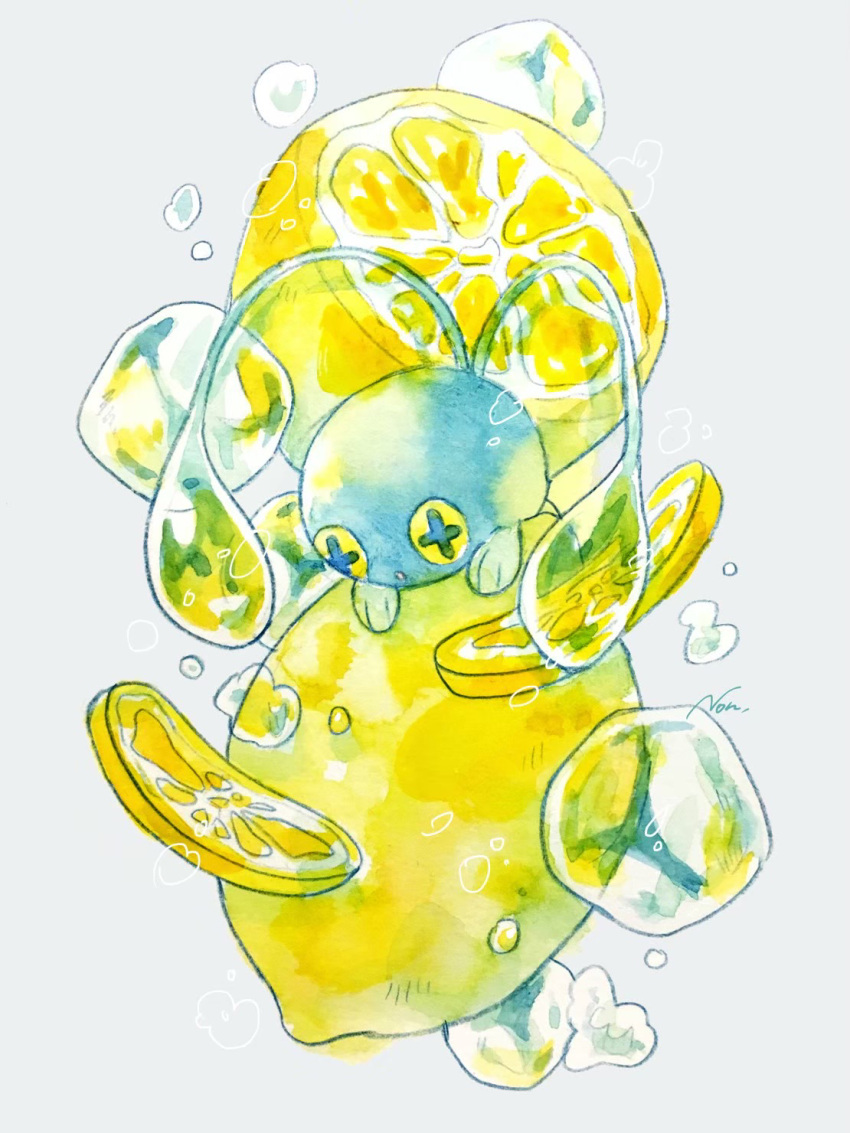 chinchou food fruit highres ice ice_cube lemon lemon_slice no_humans non_(kumakawayusu) painting_(medium) pokemon pokemon_(creature) traditional_media water_drop watercolor_(medium)