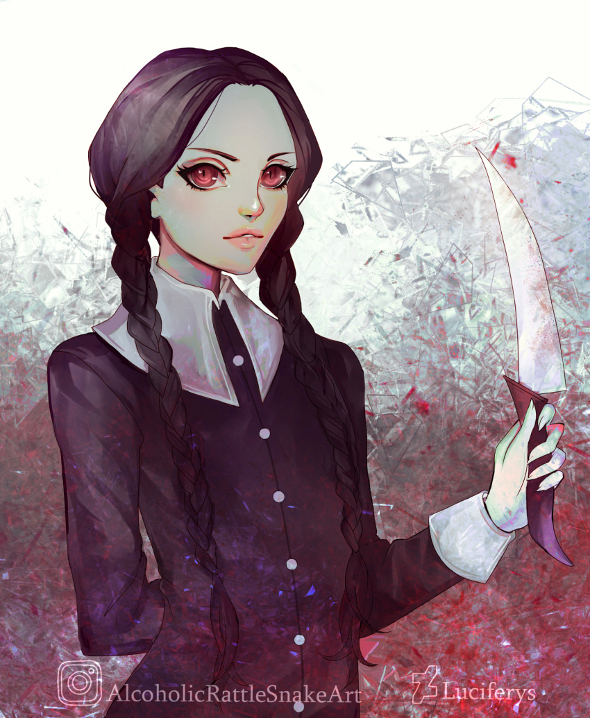 1girl addams_family alcoholicrattlesnake arm_behind_back black_dress black_hair braid buttons collared_dress deviantart_username dress eyelashes fingernails highres holding holding_knife instagram_username knife long_hair long_sleeves looking_at_viewer parted_lips red_eyes sharp_fingernails solo twin_braids upper_body wednesday_(netflix) wednesday_addams